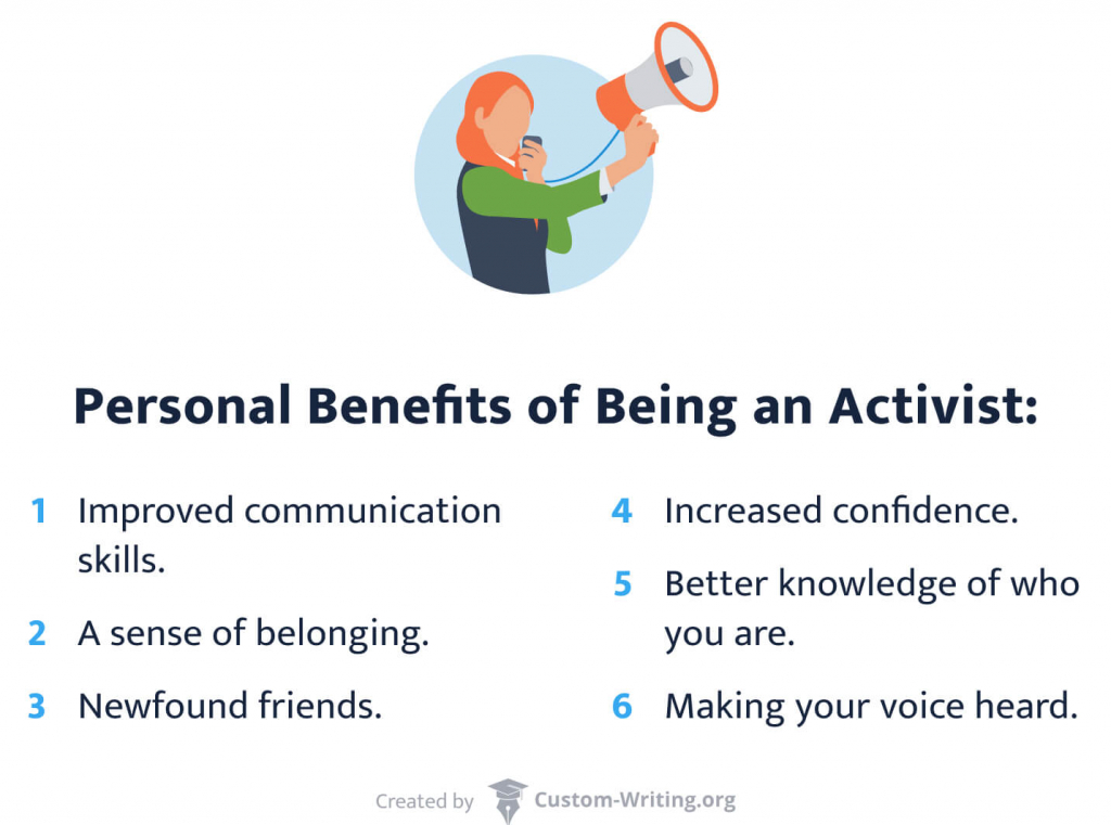 The picture enumerates the personal benefits of being an activist.