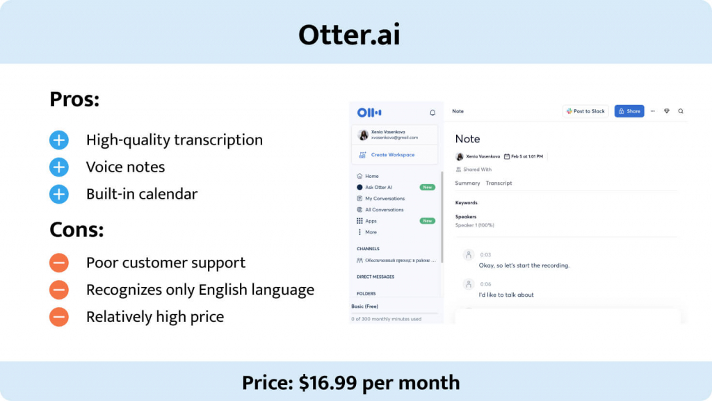 The picture describes benefits and drawbacks of Otter AI.