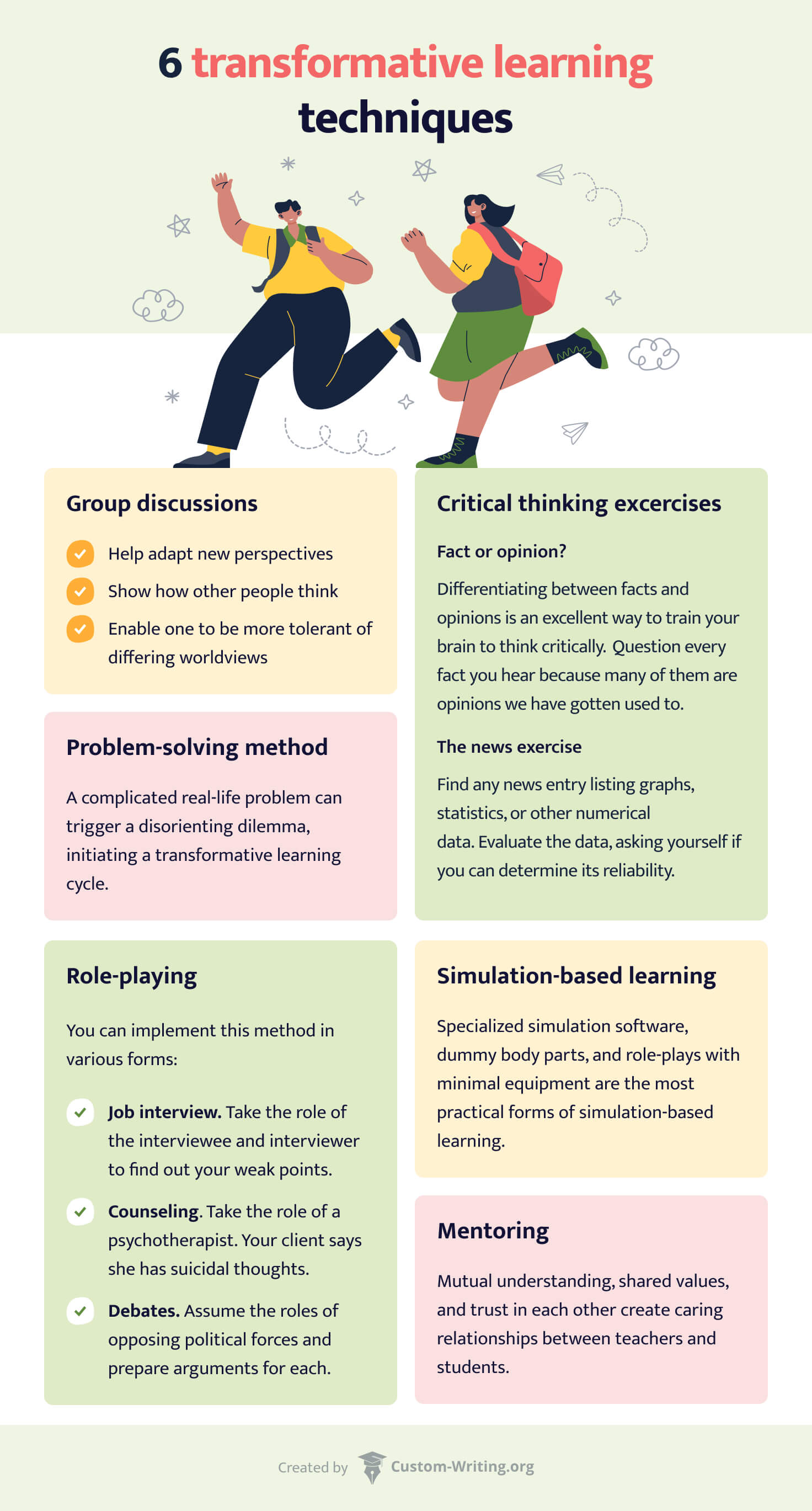 The picture lists 6 transformative learning techniques for adult students.