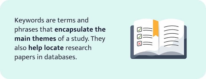 The picture provides a definition of keywords in research.