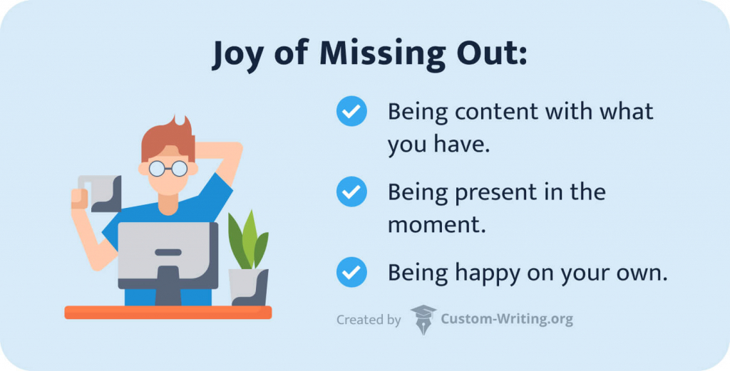 The picture enumerates several aspects of JOMO.