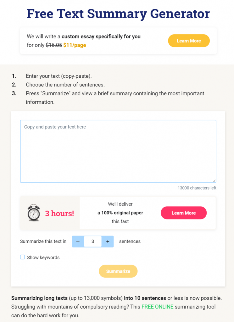 Free Text Summary Generator.